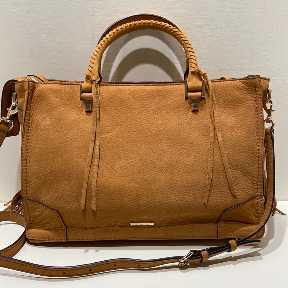 REBECCA MINKOFF “Regan” Tan Nubuck Fringed Leather Satchel